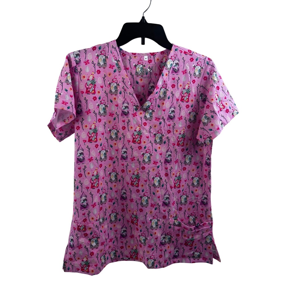 Revel Scrub Top M Pink Easter Gnome Print Premium Stretch V-Neck Womens